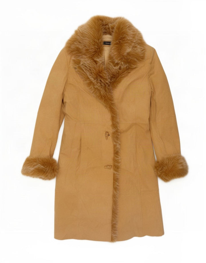 Винтажное женское замшевое пальто EU 38, кожа среднего бежевого цвета