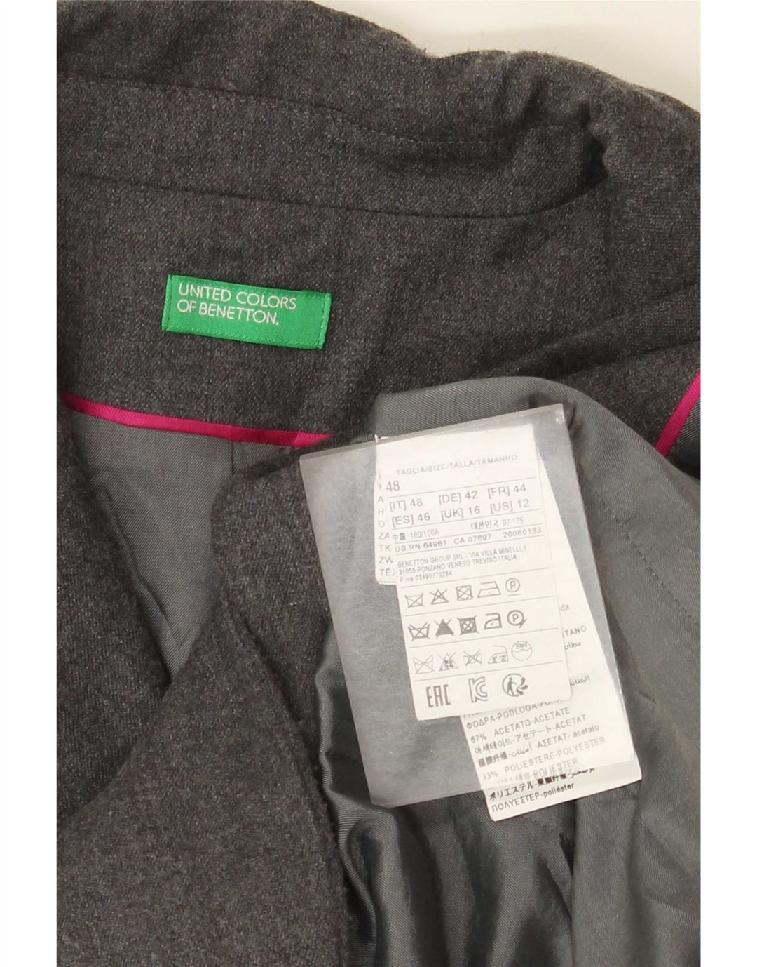 Женский пиджак Benetton на 2 пуговицах, Великобритания 16, большой, серый, шерстяной