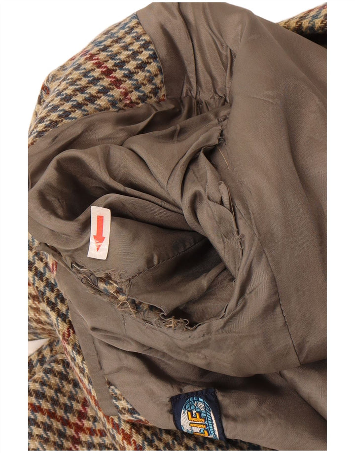 Винтажный мужской пиджак на 2 пуговицах IT 46, маленький бежевый, шерсть с узором «гусиные лапки»