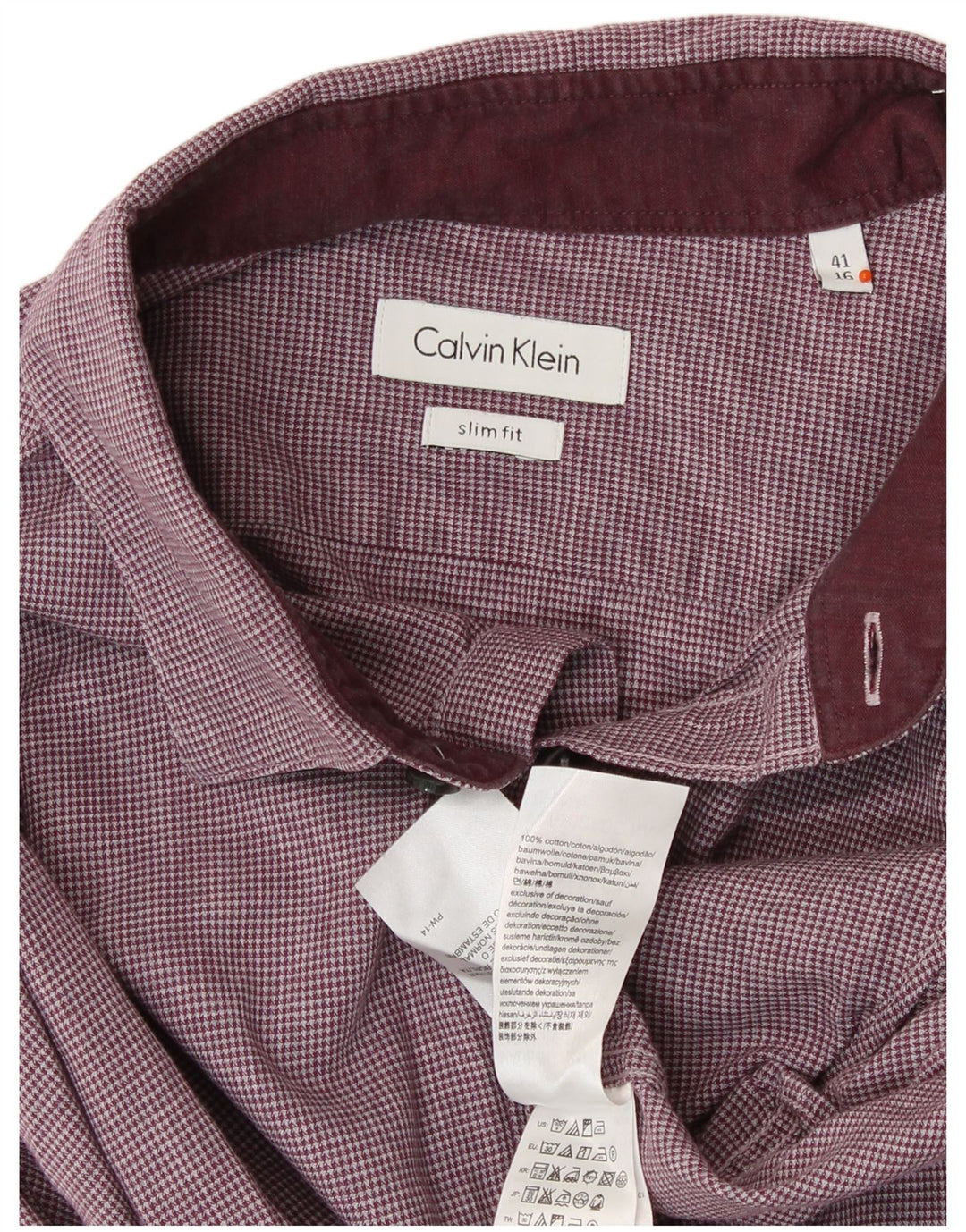 Мужская рубашка приталенного кроя CALVIN KLEIN, размер 41 16, большая темно-бордовая с узором «гусиные лапки»