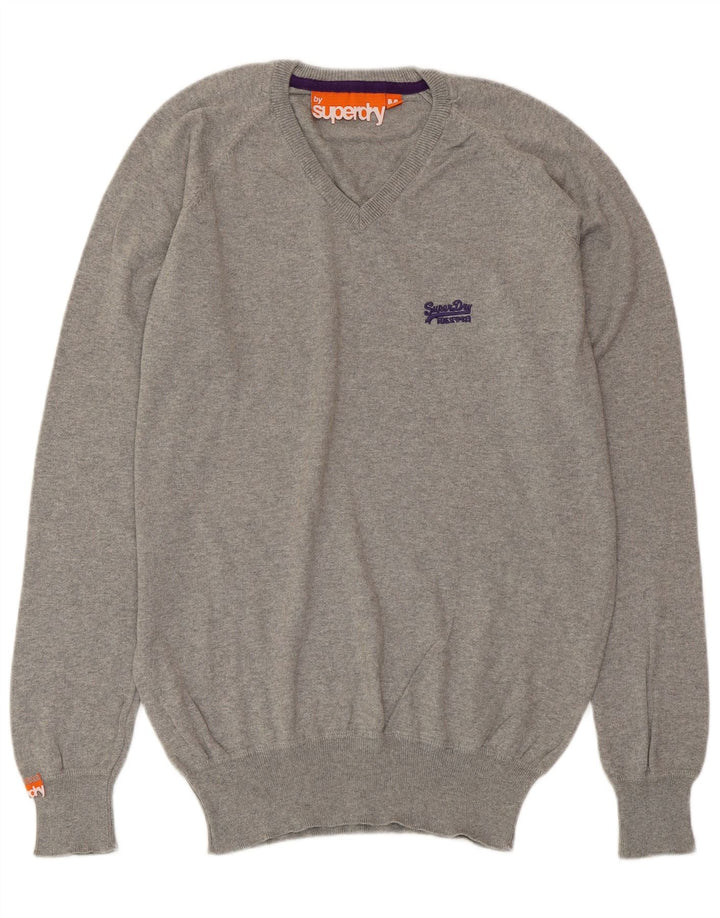 SUPERDRY Мужской джемпер с v-образным вырезом, хлопковый свитер среднего серого цвета