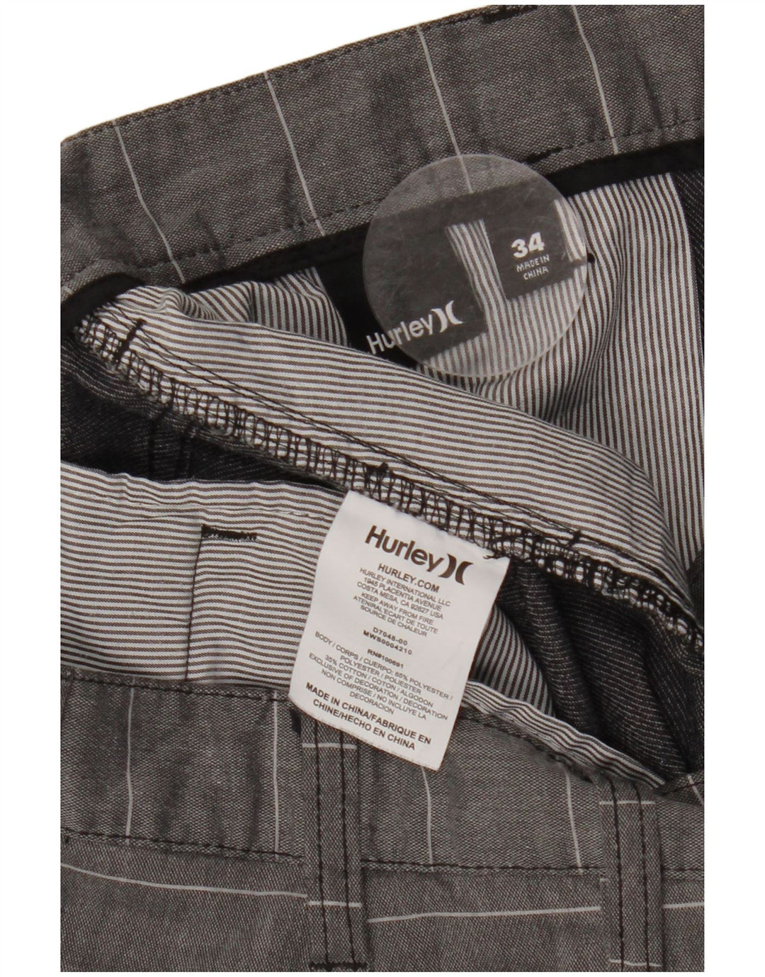 Мужские шорты-чиносы HURLEY Nike Dri Fit W34, большой серый полиэстер в тонкую полоску