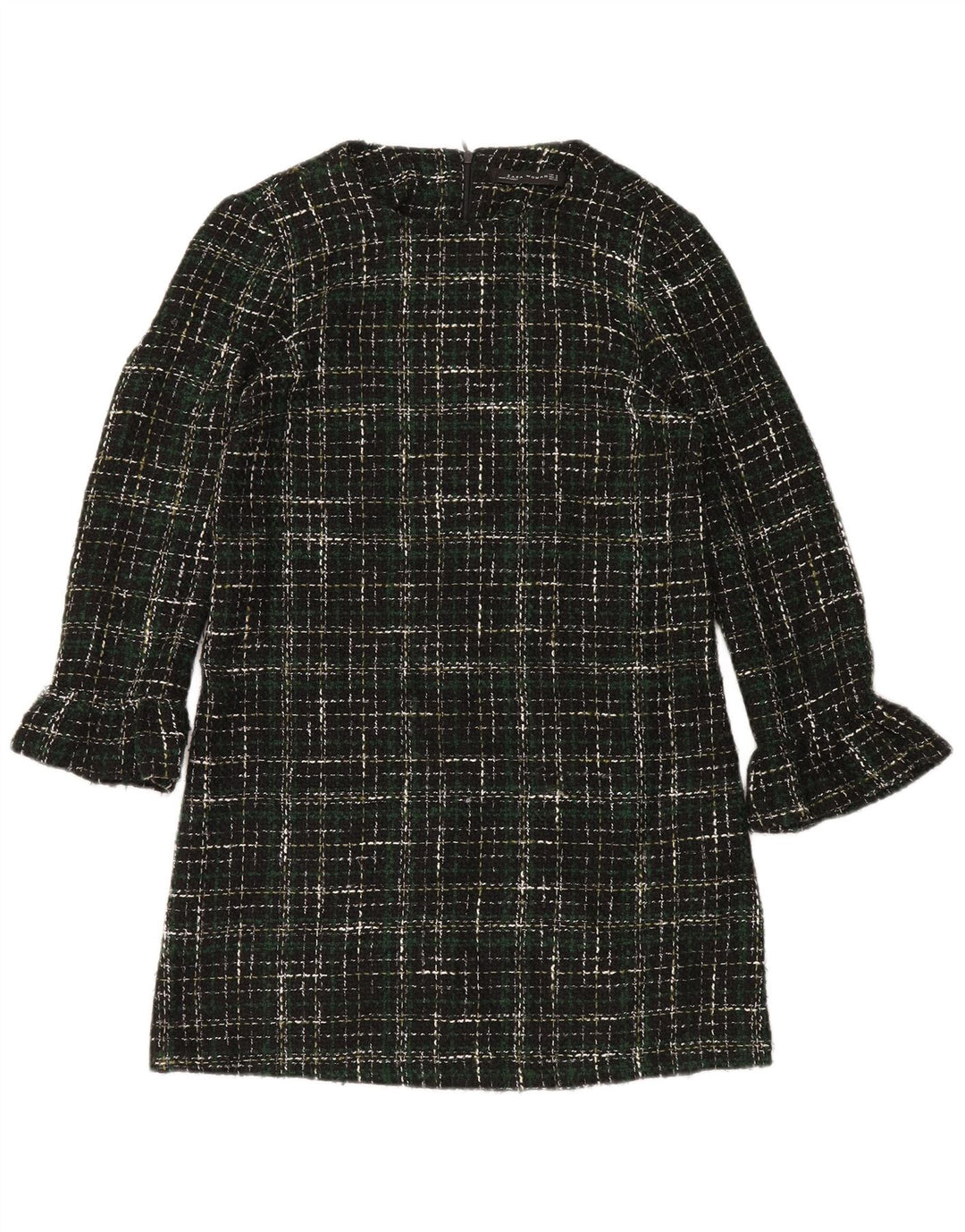 Женское платье прямого кроя Zara с длинными рукавами UK 14, средний зеленый цвет в клетку, акрил