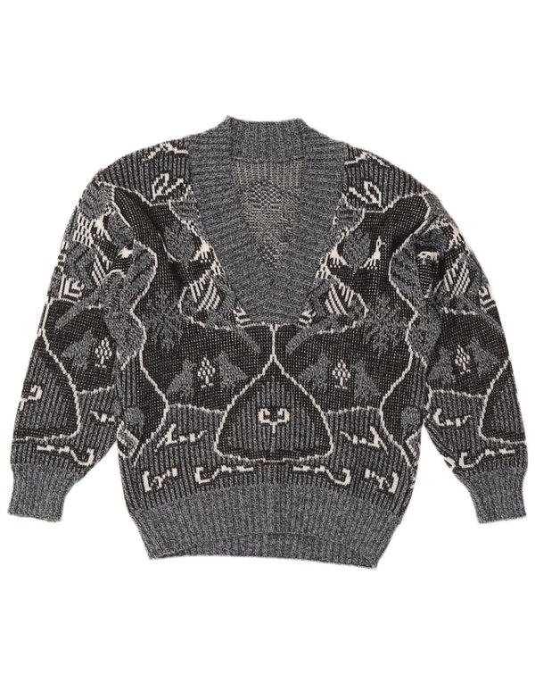 Vintage Womens V-Neck Jumper Sweater IT 48 XL Grey Fair Isle Polyacrylic