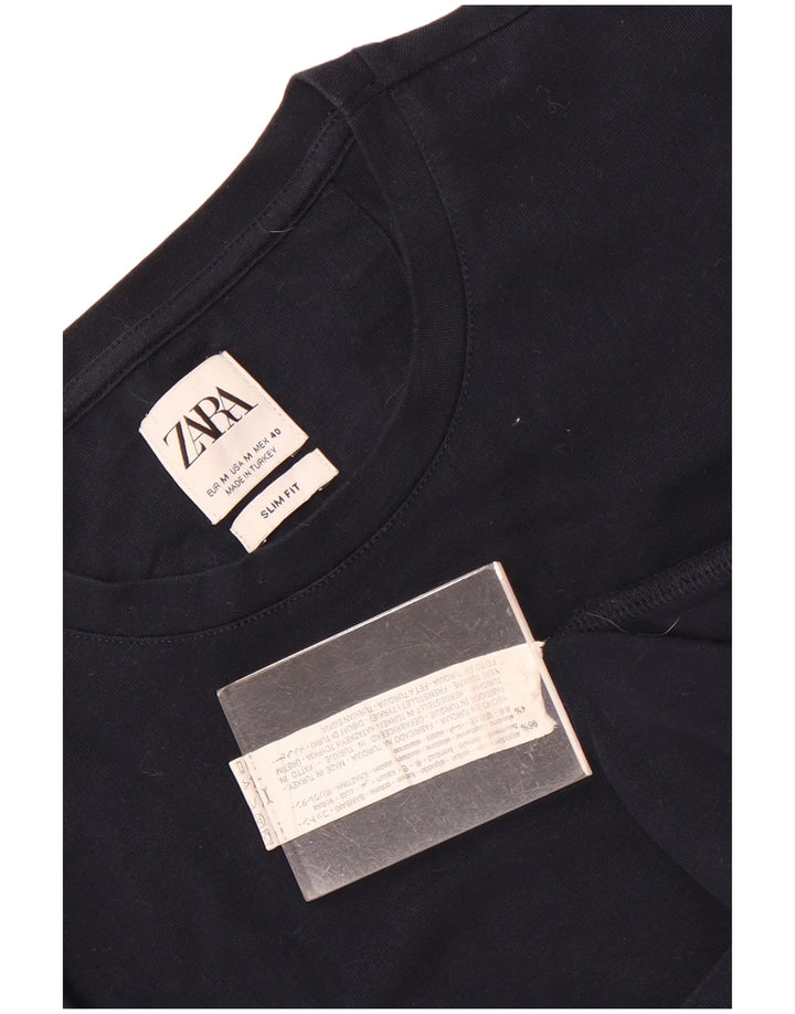 Мужская футболка узкого кроя Zara, топ среднего размера, темно-синий, хлопок