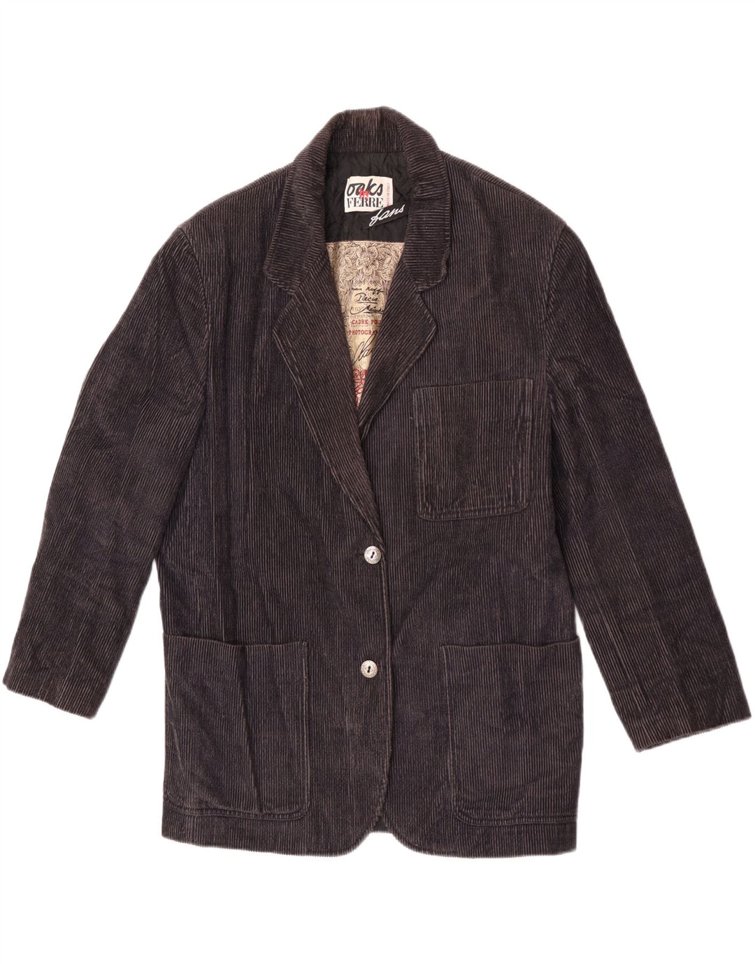 Ferre Womens 2 Button Corduroy Blazer Jacket IT 44 Medium Navy Blue Cotton
