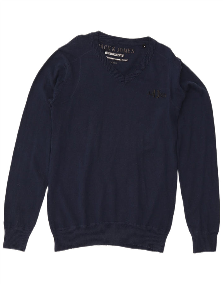 Мужской джемпер с v-образным вырезом Jack & Jones, средний темно-синий хлопковый свитер