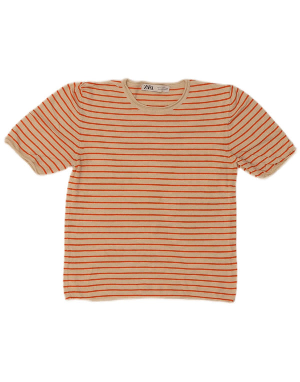 Женская укороченная футболка Zara Top UK 12, средний цвет, бежевая полоска, вискоза