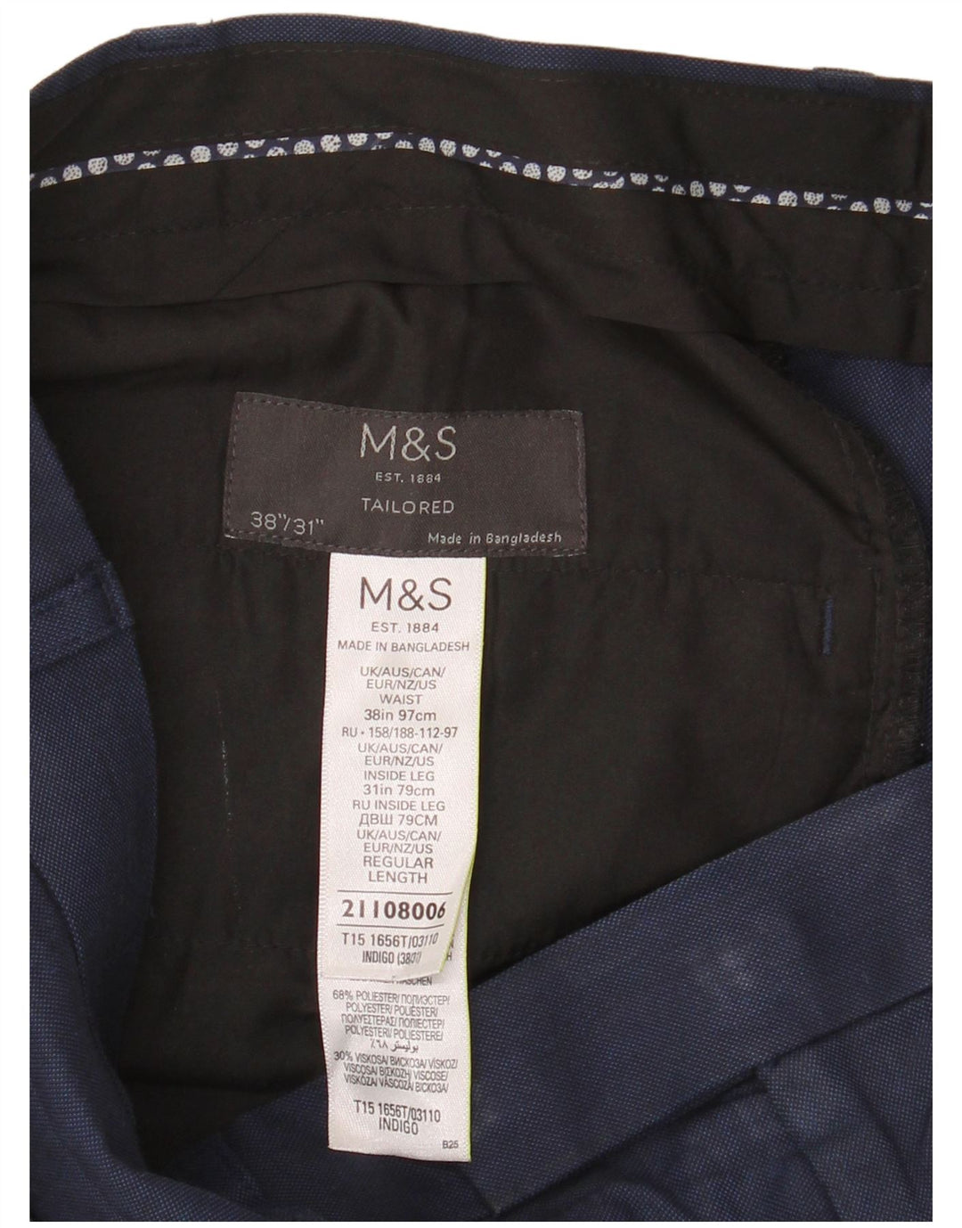 Мужские прямые костюмные брюки Marks & Spencer W38 L31 темно-синие из полиэстера