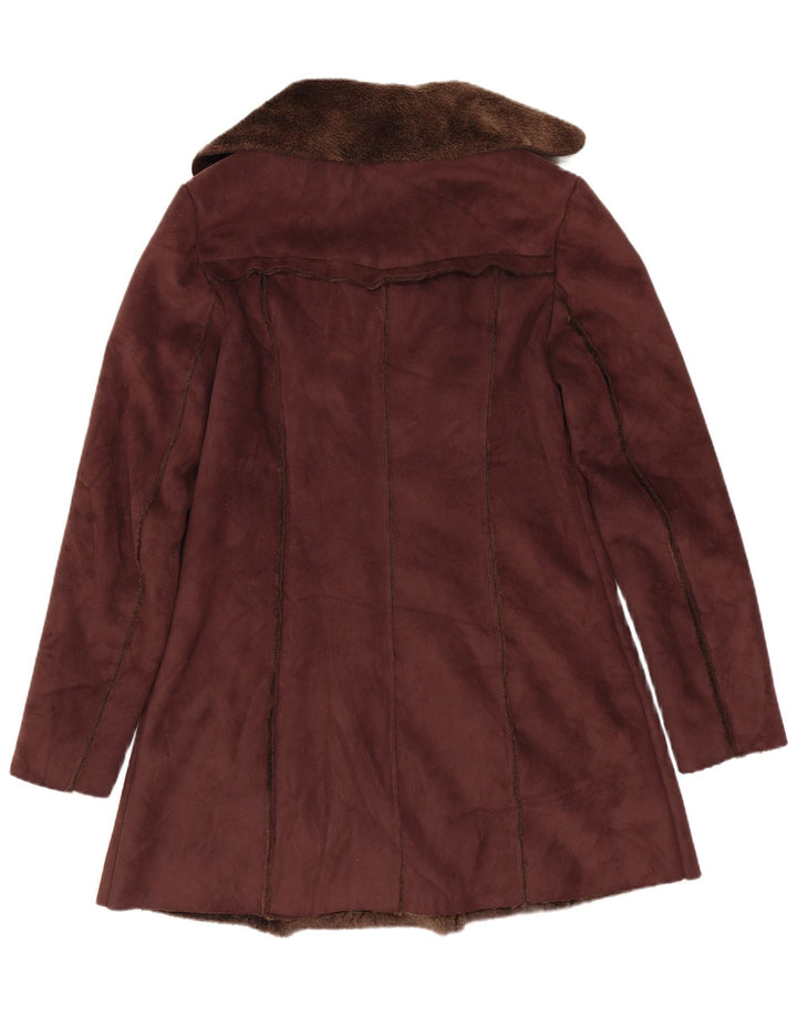 Винтажное женское двубортное пальто из шерпа UK 8, маленькое коричневое