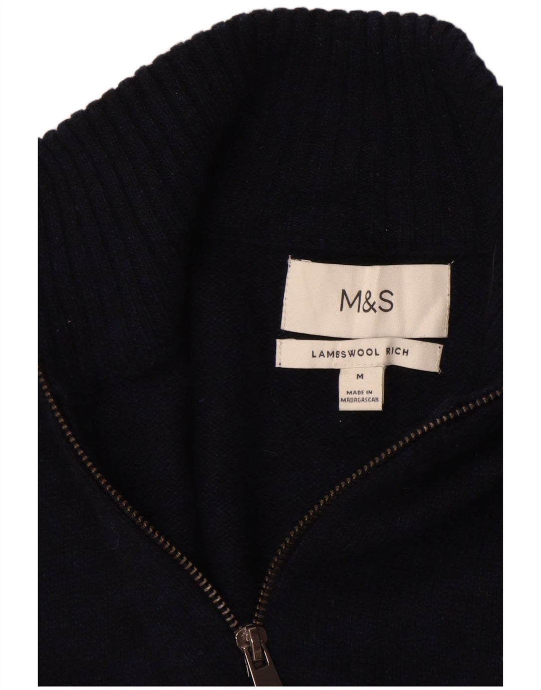 Мужской джемпер с воротником на молнии Marks & Spencer среднего темно-синего цвета из овечьей шерсти