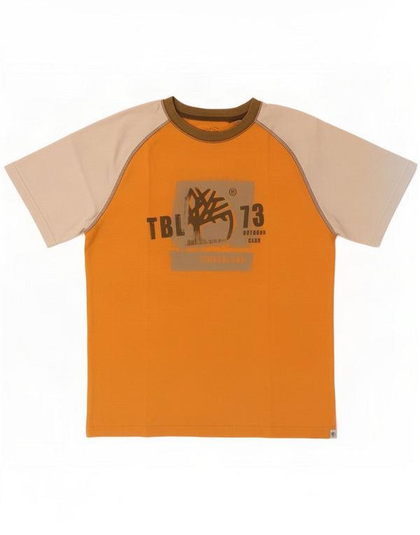 Футболка с рисунком Timberland для мальчиков 11–12 лет, оранжевая с цветными блоками