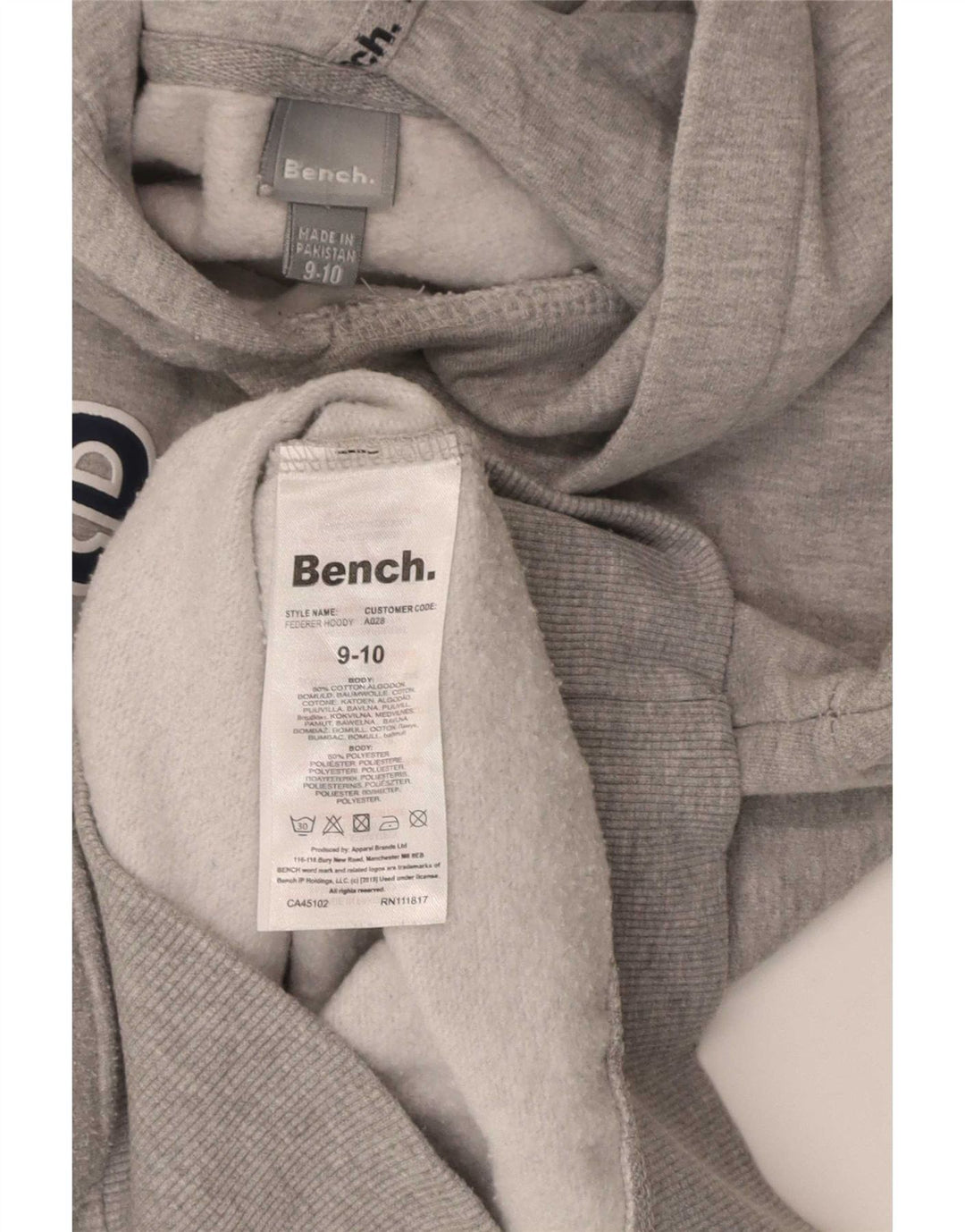 Джемпер с капюшоном Bench для мальчиков с рисунком, 9–10 лет, серый хлопок