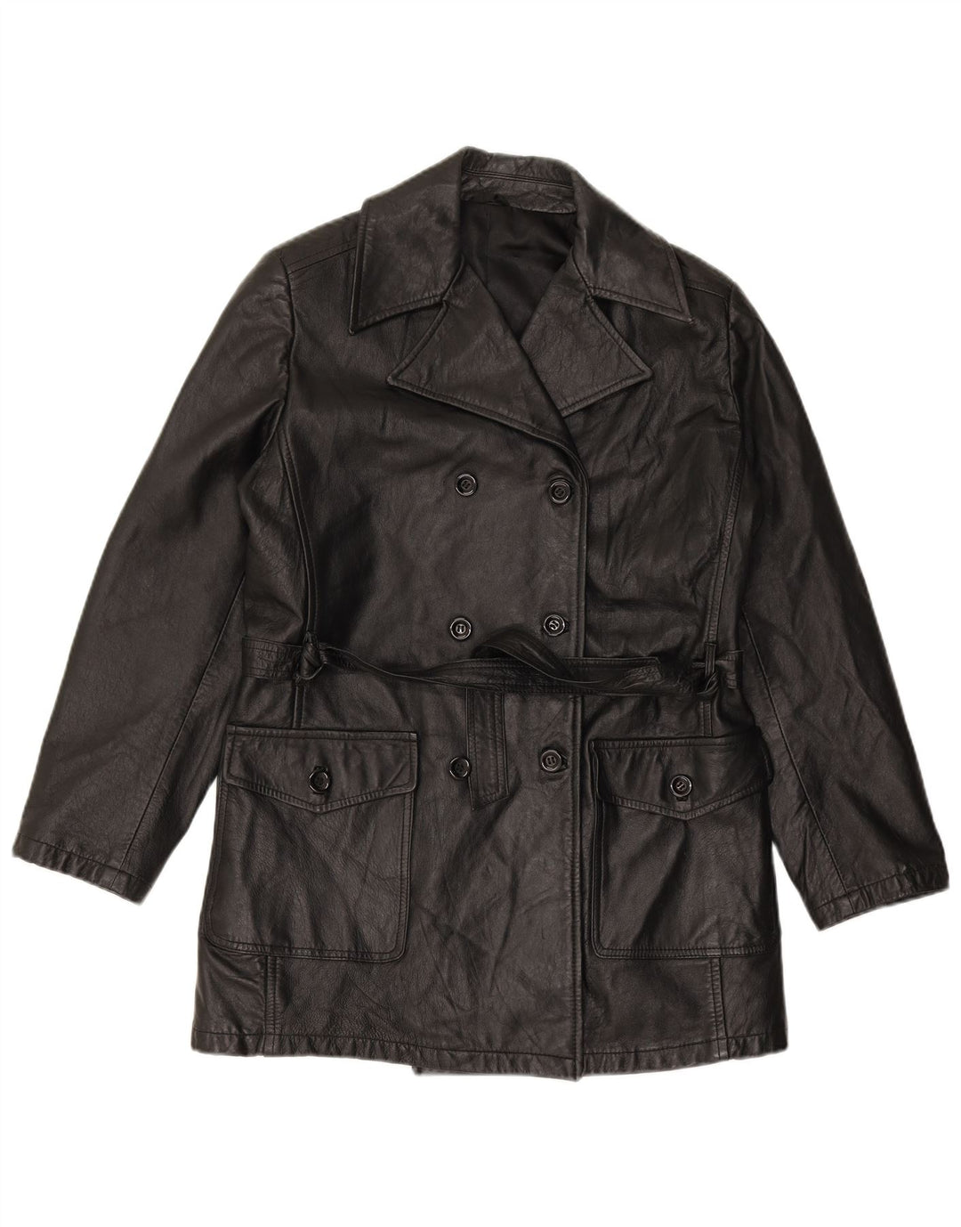 VINTAGE Женское двубортное кожаное пальто IT 44 Medium Black Leather