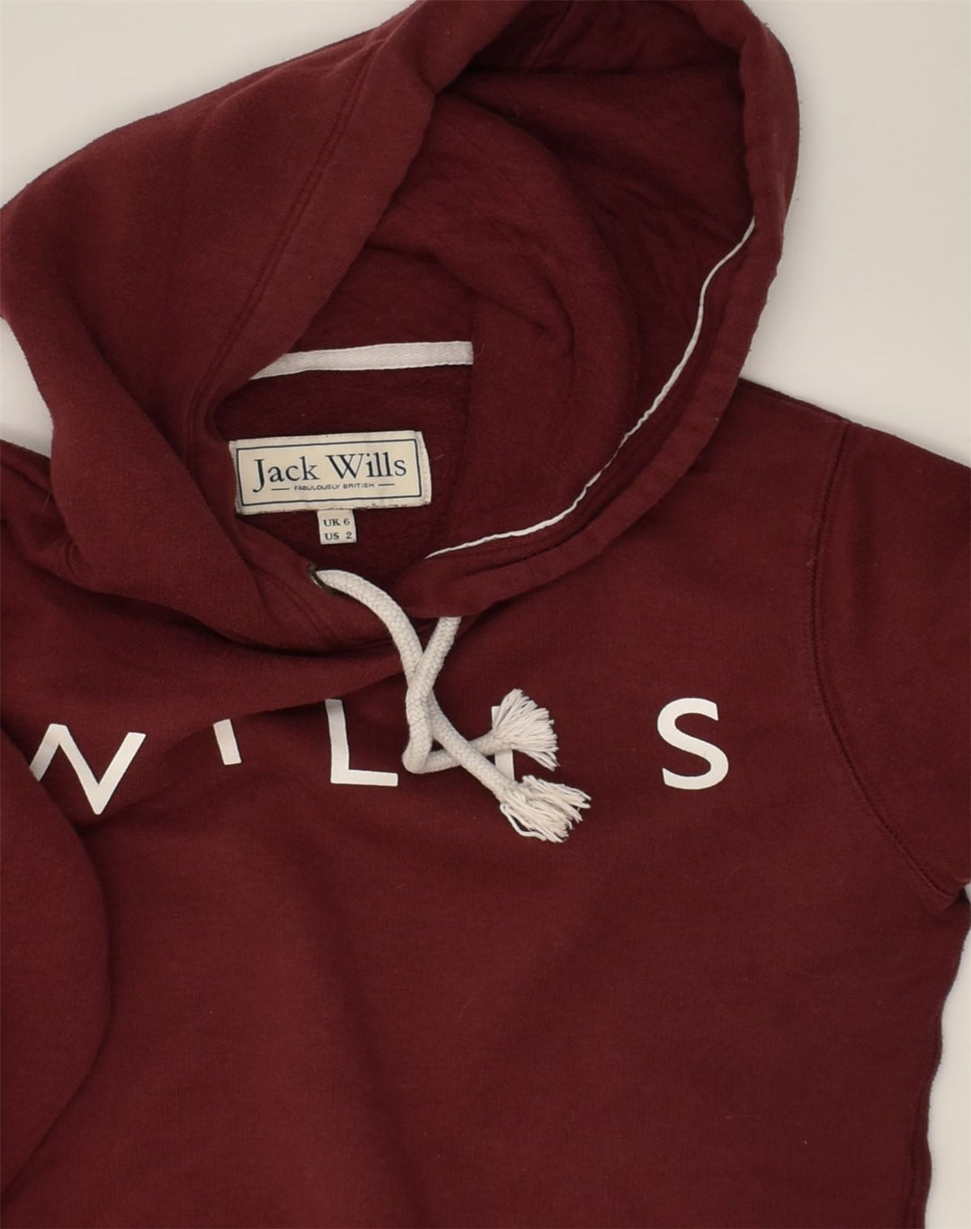 JACK WILLS Womens Loose Fit Graphic Hoodie Jumper UK 6 XS Maroon Cotton | Vintage Jack Wills | Thrift | Second-Hand Jack Wills | Used Clothing | Messina Hembry 