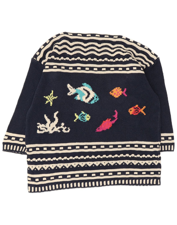 Benetton Womens Graphic Boat Neck Jumper Sweater UK 14 Medium Navy Blue
