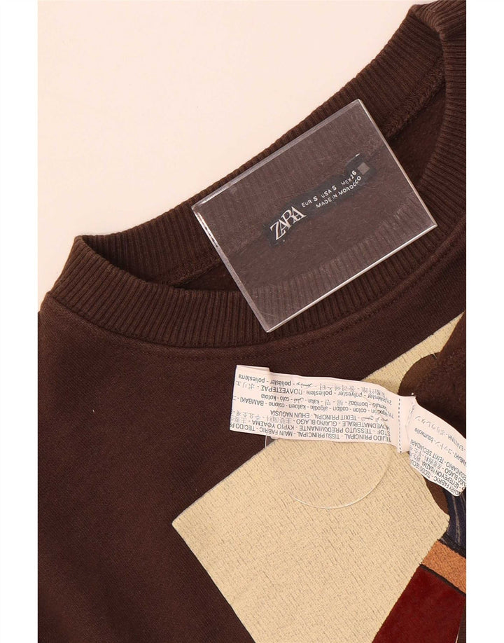 Женский укороченный свитшот оверсайз с рисунком Zara UK 10, маленький коричневый цвет