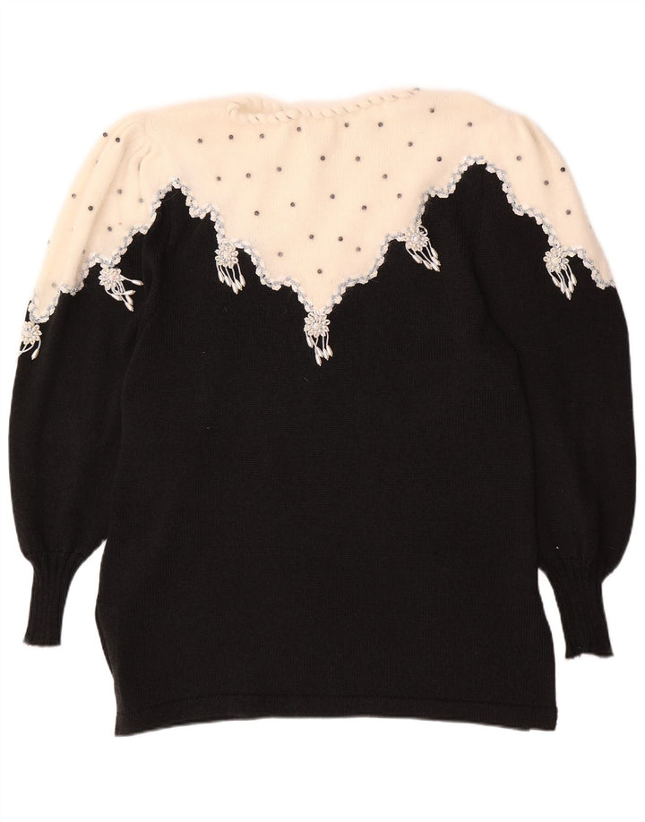 ВИНТАЖНЫЙ женский джемпер с вырезом «лодочкой», Великобритания 14, средний черный, цветные блоки