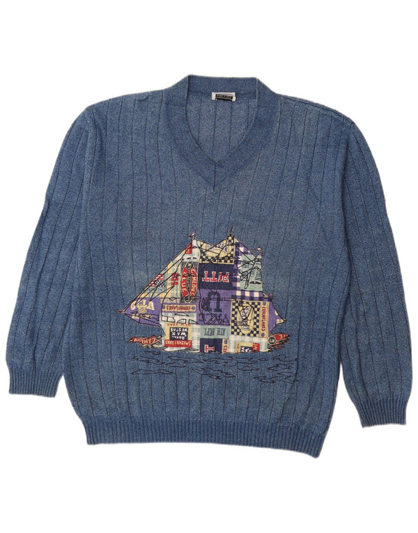 Винтажный мужской джемпер с v-образным вырезом и рисунком, синий хлопковый свитер размера XL с комиксами