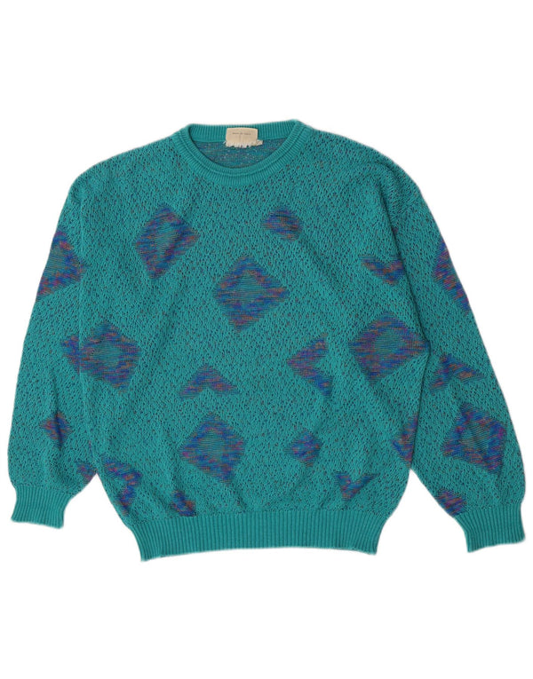 Vintage Womens Crew Neck Jumper Sweater IT 50 XL Turquoise Geometric