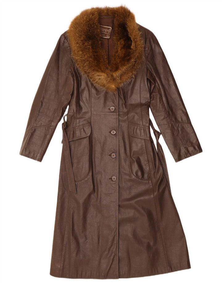 ВИНТАЖНОЕ Женское Кожаное Пальто UK 12 Средне-Коричневый Кожаный