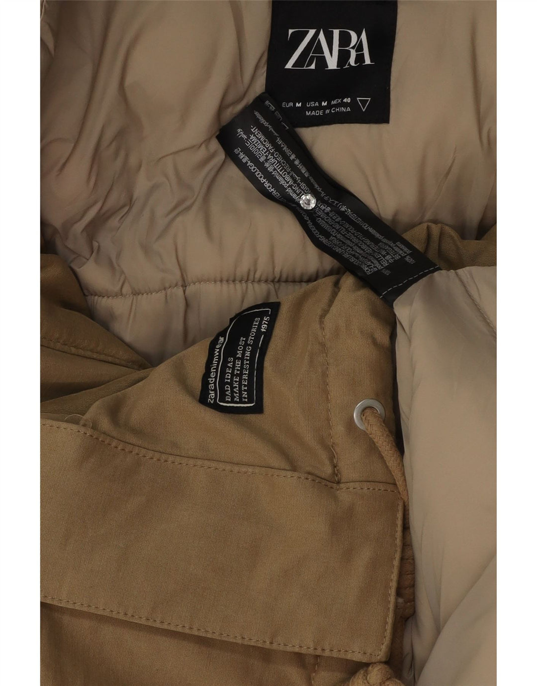 Мужская утепленная куртка свободного кроя с капюшоном Zara UK 38, средний бежевый полиэстер