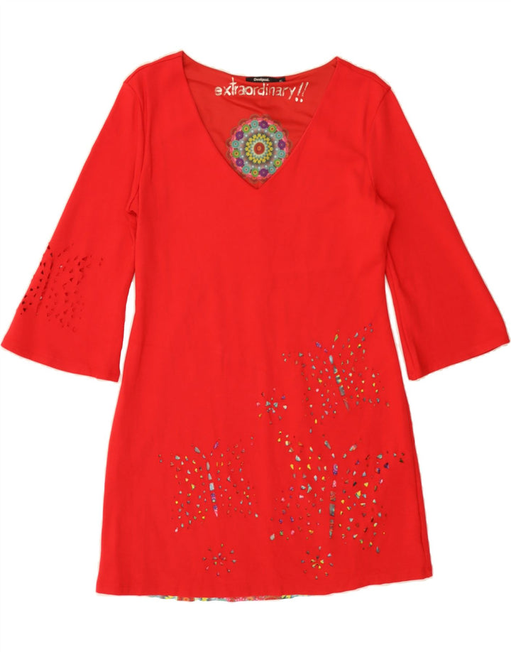 DESIGUAL Womens 3/4 Sleeve A-Line Dress UK 18 XL Red Cotton Butterfly Vintage Desigual and Second-Hand Desigual from Messina Hembry 