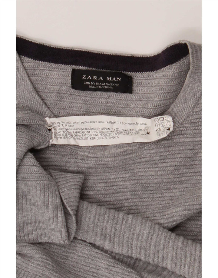 Мужской джемпер с круглым вырезом Zara, хлопковый свитер среднего серого цвета