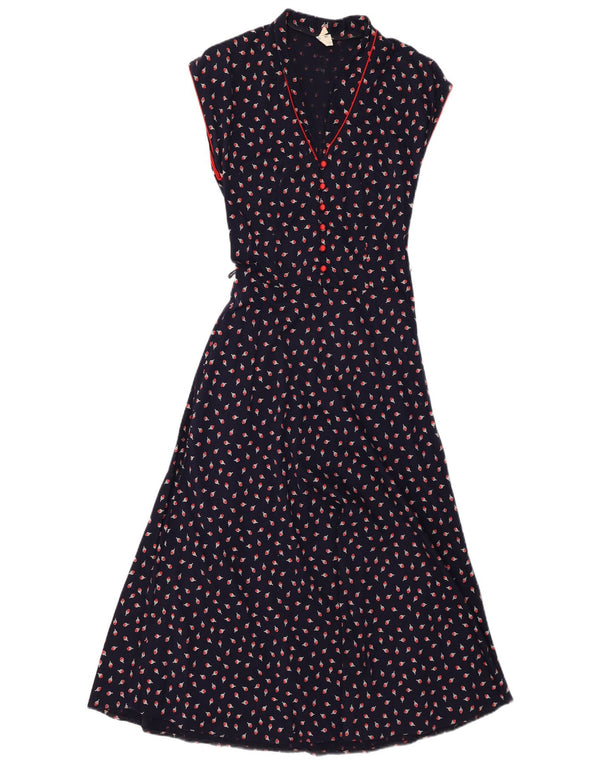 ВИНТАЖНОЕ женское платье макси без рукавов IT 38 XS Темно-синее, хлопок с цветочным принтом