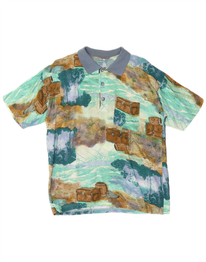 Винтажная мужская рубашка поло с абстрактным узором среднего синего цвета