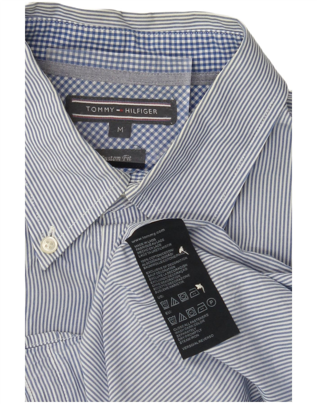 TOMMY HILFIGER Mens Custom Fit Short Sleeve Shirt Medium Blue Pinstripe