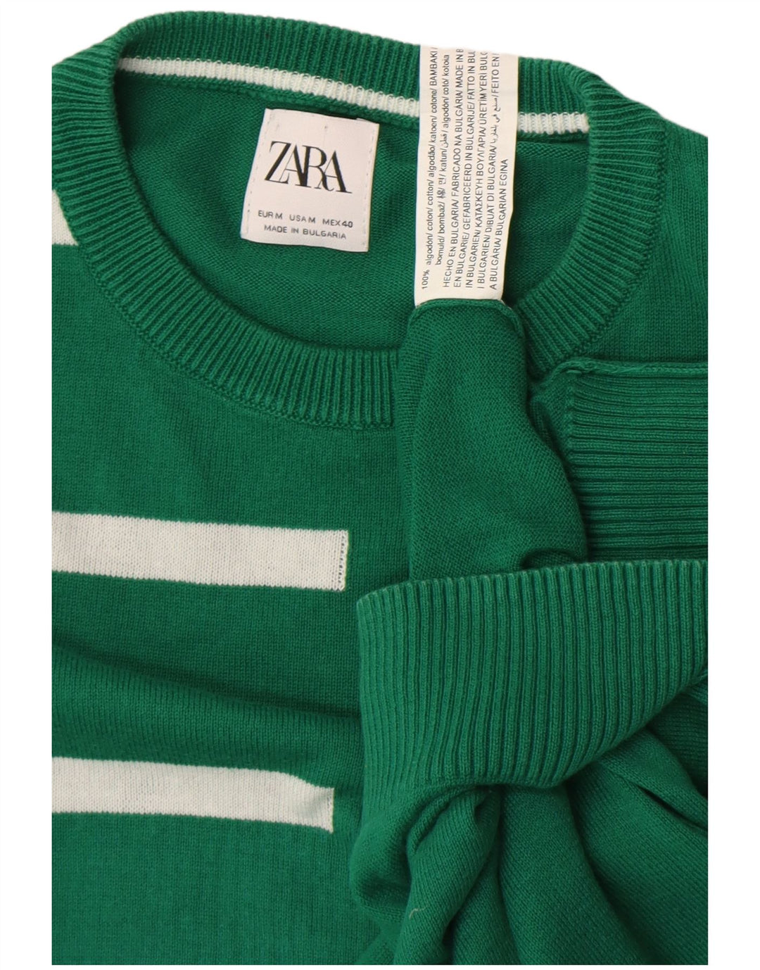 Мужской джемпер с круглым вырезом Zara, хлопковый свитер среднего зеленого цвета в полоску