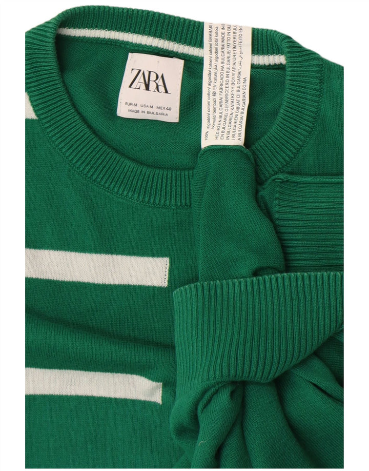 Мужской джемпер с круглым вырезом Zara, хлопковый свитер среднего зеленого цвета в полоску