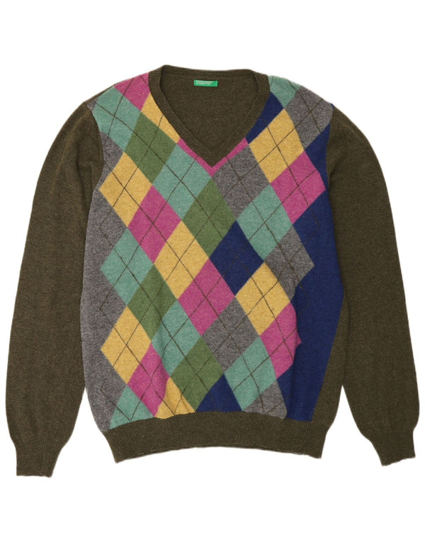 Женский джемпер с v-образным вырезом Benetton UK 18 XL Хаки Argyle/Diamond Wool