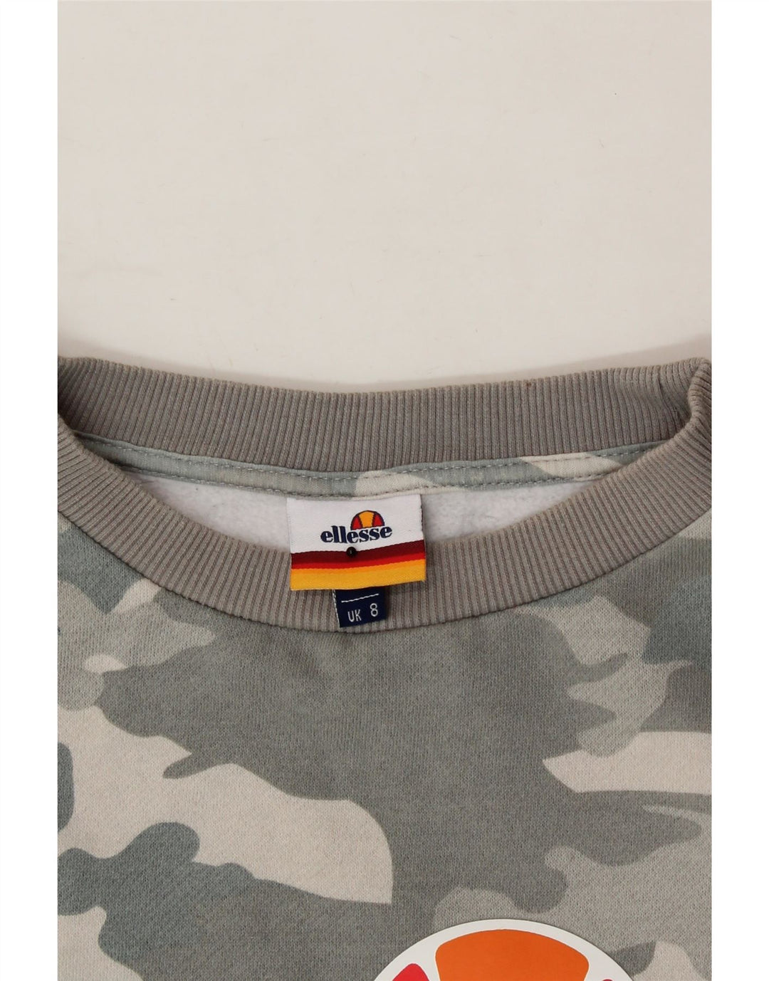 ELLESSE Womens Oversized Sweatshirt Jumper UK 8 Small Grey Camouflage Vintage Ellesse and Second-Hand Ellesse from Messina Hembry 