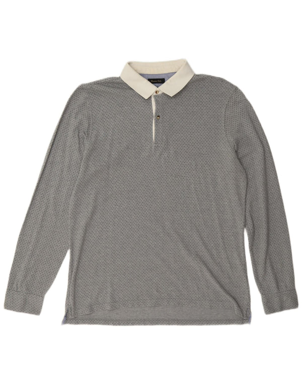 Massimo Dutti Mens Long Sleeve Casual Fit Polo Shirt XL Grey Spotted Cotton