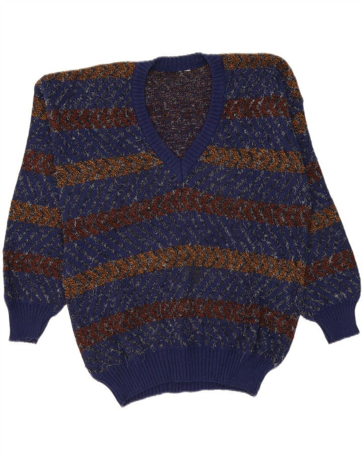 VINTAGE Mens V-Neck Jumper Sweater Large Navy Blue Striped Vintage Vintage and Second-Hand Vintage from Messina Hembry 
