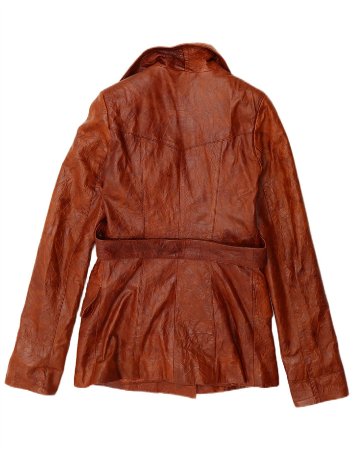 Винтажная женская двубортная кожаная куртка UK 10, маленькая коричневая кожа