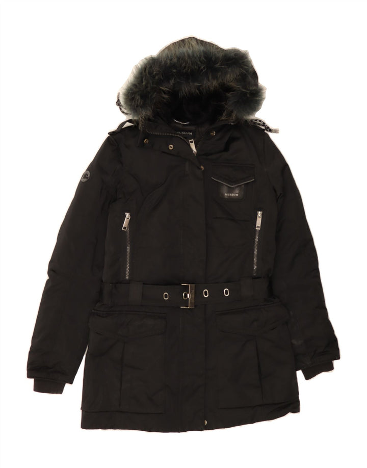 MUSEUM Womens Hooded Padded Coat UK 10 Small Black Polyester Vintage Museum and Second-Hand Museum from Messina Hembry 