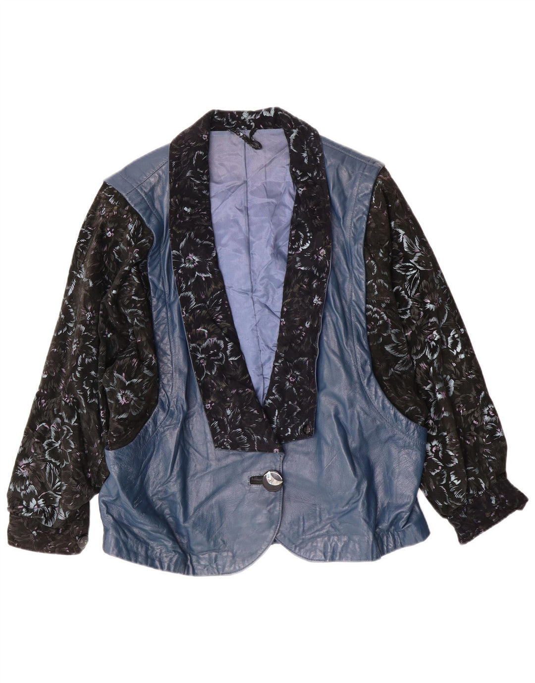 Винтажная женская кожаная куртка UK 14, большая синяя с цветочным принтом в стиле ретро