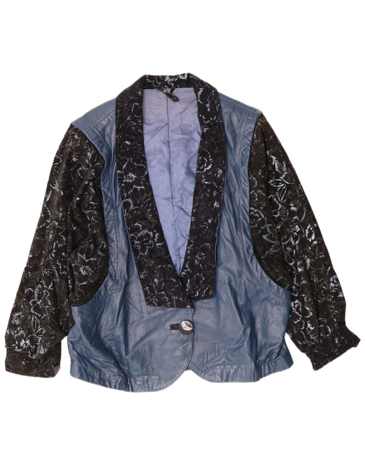 Винтажная женская кожаная куртка UK 14, большая синяя с цветочным принтом в стиле ретро