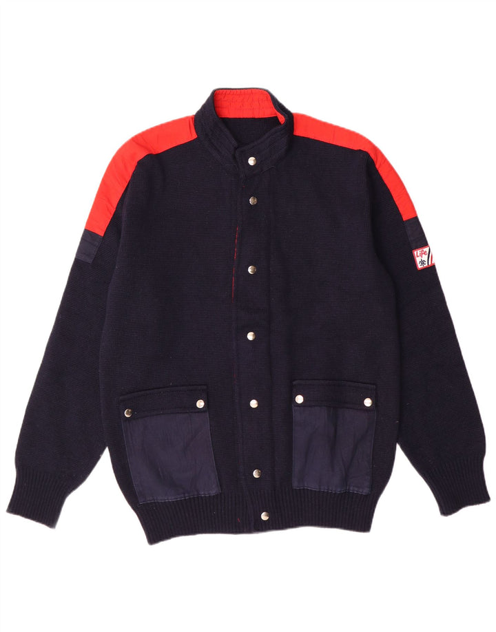 Винтажный мужской свитер-кардиган IT 50, средний темно-синий, шерсть с цветными блоками