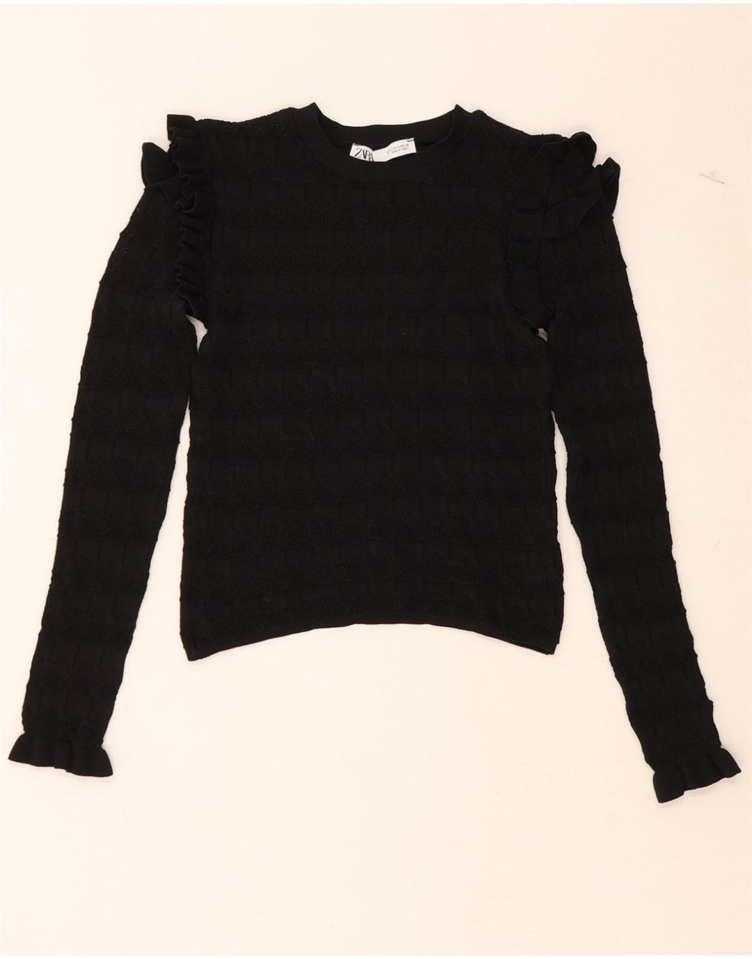 ZARA Womens Ruffle Crew Neck Jumper Sweater UK 10 Small Black Vintage Zara and Second-Hand Zara from Messina Hembry 