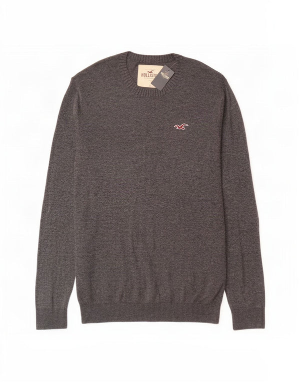 Мужской джемпер с круглым вырезом Hollister, большой серый хлопковый свитер