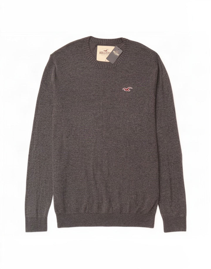 Мужской джемпер с круглым вырезом Hollister, большой серый хлопковый свитер