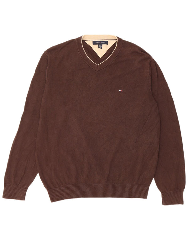 Мужской джемпер с v-образным вырезом Tommy Hilfiger, большой коричневый хлопковый свитер