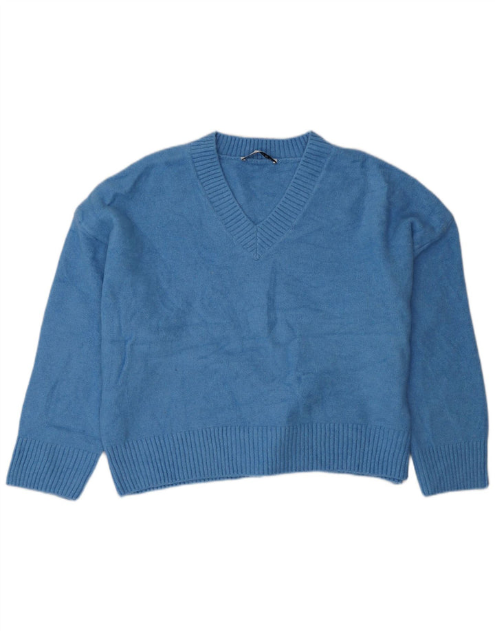 Женский свободный джемпер с v-образным вырезом ZARA UK 18 XL, синий акрил