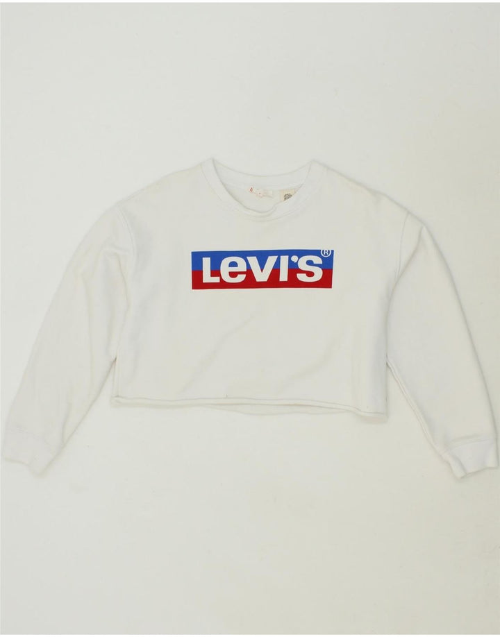 LEVI'S Womens Oversized Crop Graphic Sweatshirt Jumper UK 6 XS White Vintage Levi's and Second-Hand Levi's from Messina Hembry 