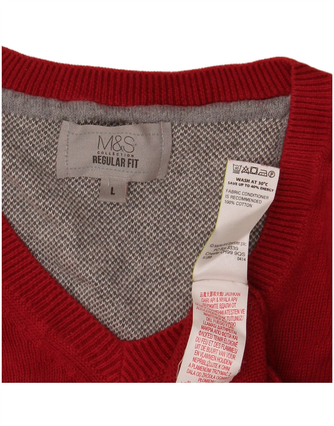 Мужской джемпер стандартного кроя MARKS & SPENCER с v-образным вырезом, большой красный хлопковый свитер
