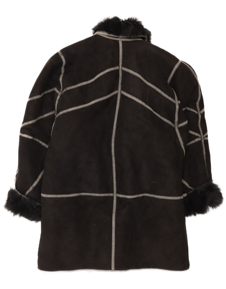 Винтажное женское пальто из овчины оверсайз IT 42, средний черный цвет из овчины